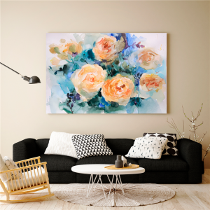 Quadro Decorativo Floral - Flores Rosas Tons de Azul e Laranja