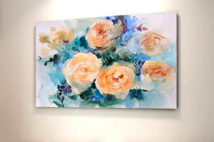 Quadro Decorativo Floral - Flores Rosas Tons de Azul e Laranja