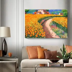 Quadro Decorativo Floral - Campo de Girassois com Casa