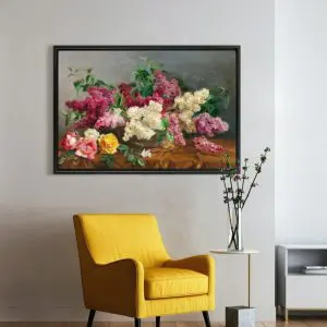 Quadro Decorativo Floral - Vaso de Flores Brancas e Violetas