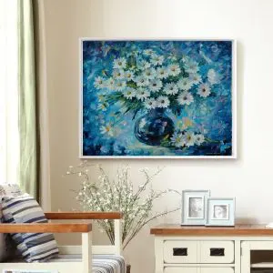 Quadro Decorativo Floral - Margaridas em Vaso Azul