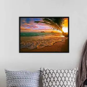 Quadro Decorativo Mar -  Por do Sol com Coqueiro na Praia