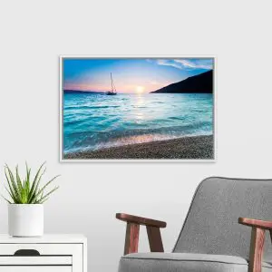 Quadro Decorativo Mar -  Por de Sol com Veleiro perto da Praia