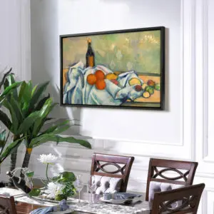 Quadro Decorativo Pintores Famosos - Restaurante com Garrafa e Frutas - Cezanne