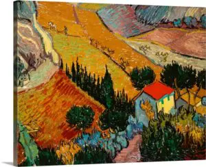 Quadro Decorativo Pintores Famosos -Paissagem com casa e campo - Van Gogh