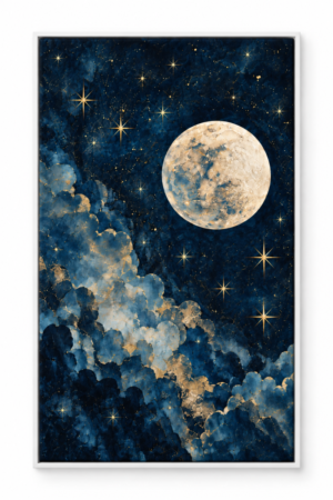 Quadro Decorativo Lua e Estrelas em Azul e Dourado - Luar Dourado