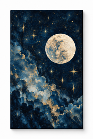 Quadro Decorativo Lua e Estrelas em Azul e Dourado - Luar Dourado