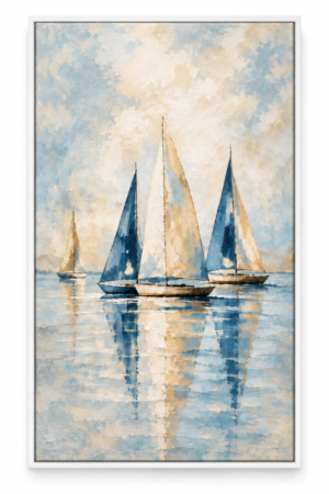 Quadro Decorativo Veleiros em Azul e Creme - Navegar Sereno
