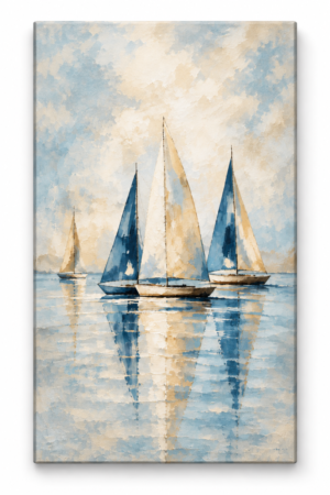 Quadro Decorativo Veleiros em Azul e Creme - Navegar Sereno