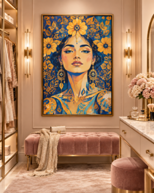 Quadro Decorativo Retrato Feminino Azul e Dourado — Retrato em Azul e Ouro