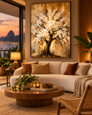 Quadro Decorativo Árvore em Luz Dourada