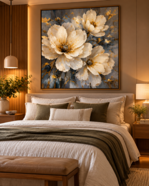 Quadro Decorativo Flores em Ouro e Marfim