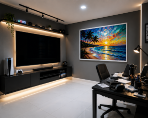 Quadro Decorativo Praia em Azul e Ouro